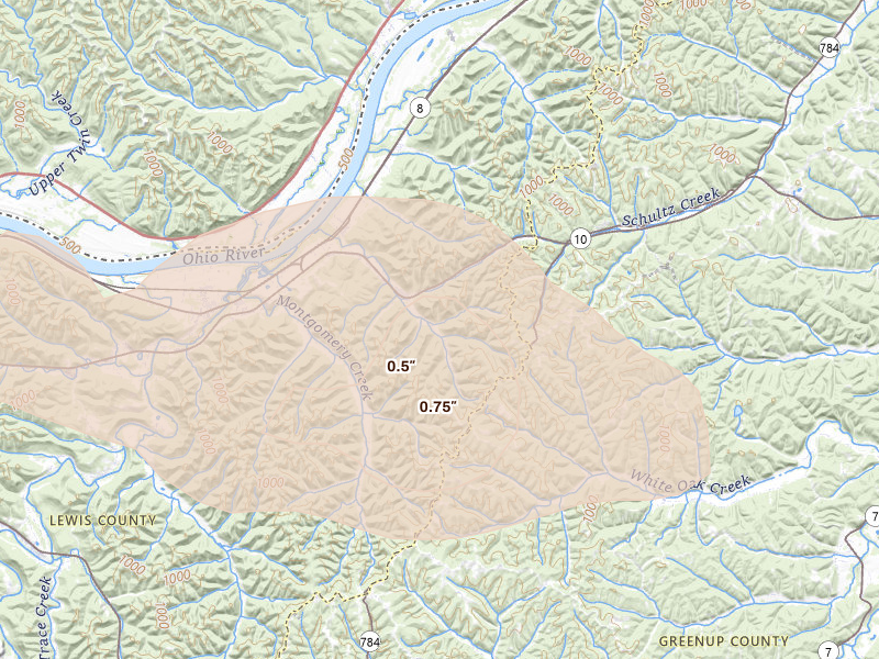 Radar-estimated hail-size map of the storm over Quincy, KY on Jul 21, 2026