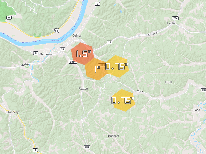 Hail map of Quincy, KY on Jul 21, 2026, hail up to 1.5"