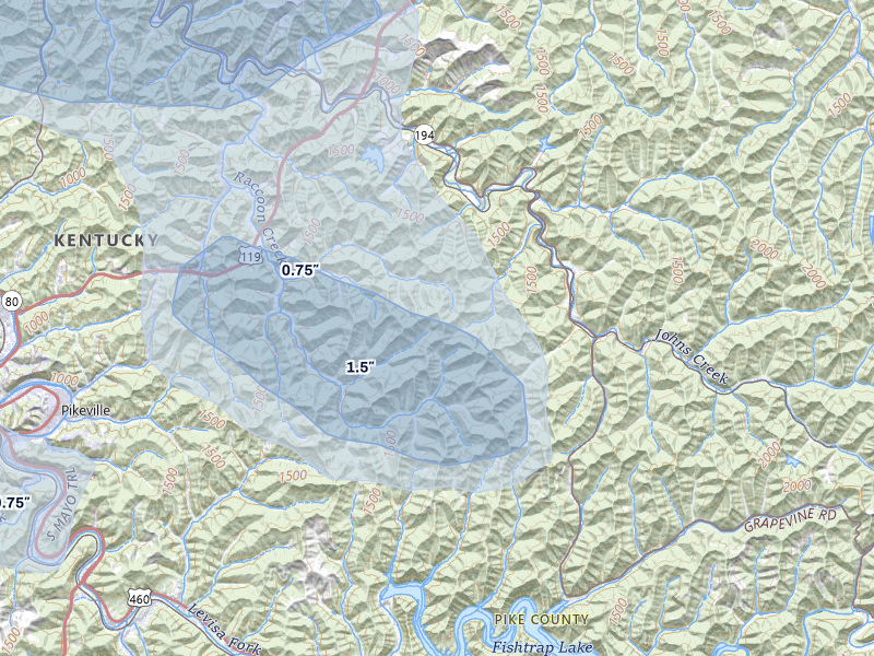 NEXRAD radar-signature map of the hail storm over Raccoon, KY on Aug 11, 2026