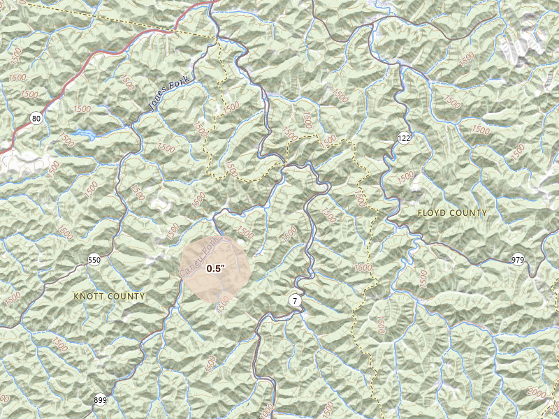 Radar-estimated hail-size map of the storm over Raven, KY on Jul 6, 2026