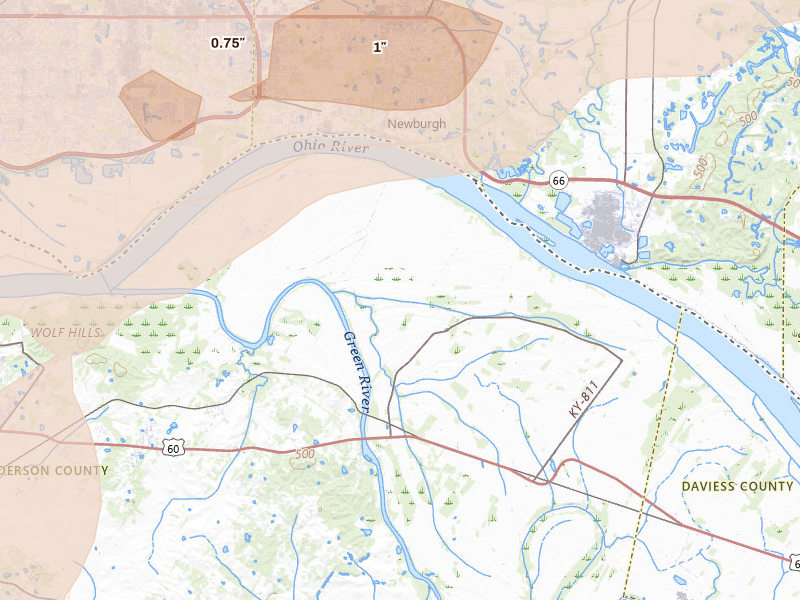 Radar-estimated hail-size map of the storm over Reed, KY on Apr 27, 2026