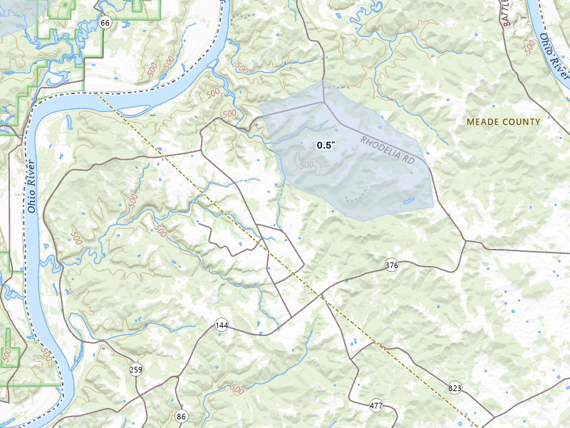 NEXRAD radar-signature map of the hail storm over Rhodelia, KY on Apr 27, 2026