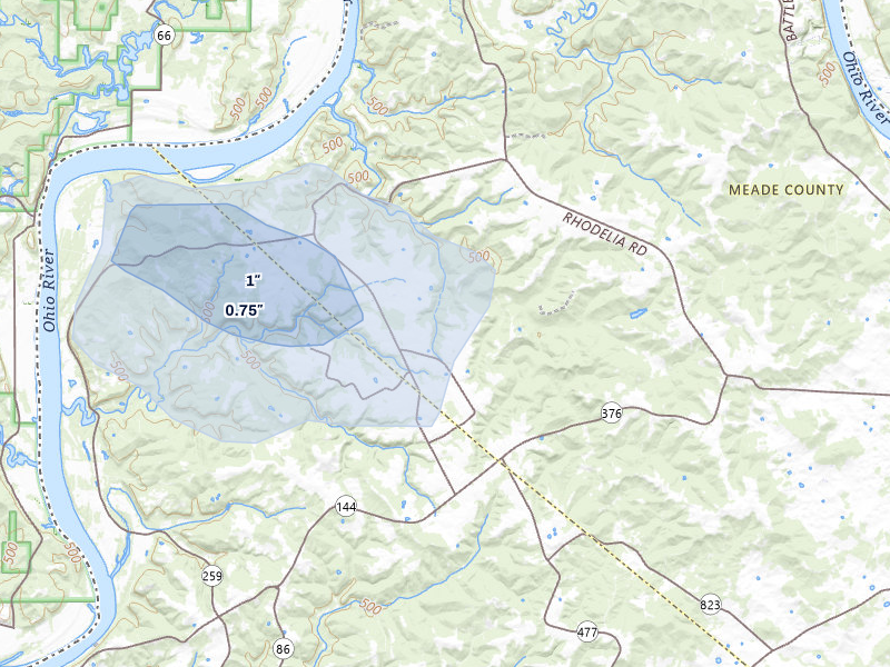 NEXRAD radar-signature map of the hail storm over Rhodelia, KY on Jul 9, 2026