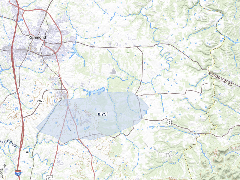 NEXRAD radar-signature map of the hail storm over Richmond, KY on Jul 27, 2026