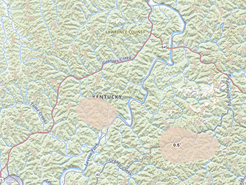 Radar-estimated hail-size map of the storm over River, KY on Aug 9, 2026