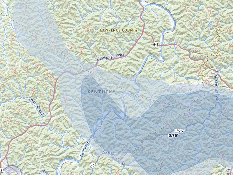 NEXRAD radar-signature map of the hail storm over River, KY on Aug 9, 2026
