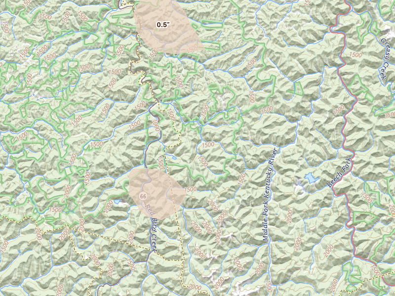 Radar-estimated hail-size map of the storm over Roark, KY on Aug 22, 2026