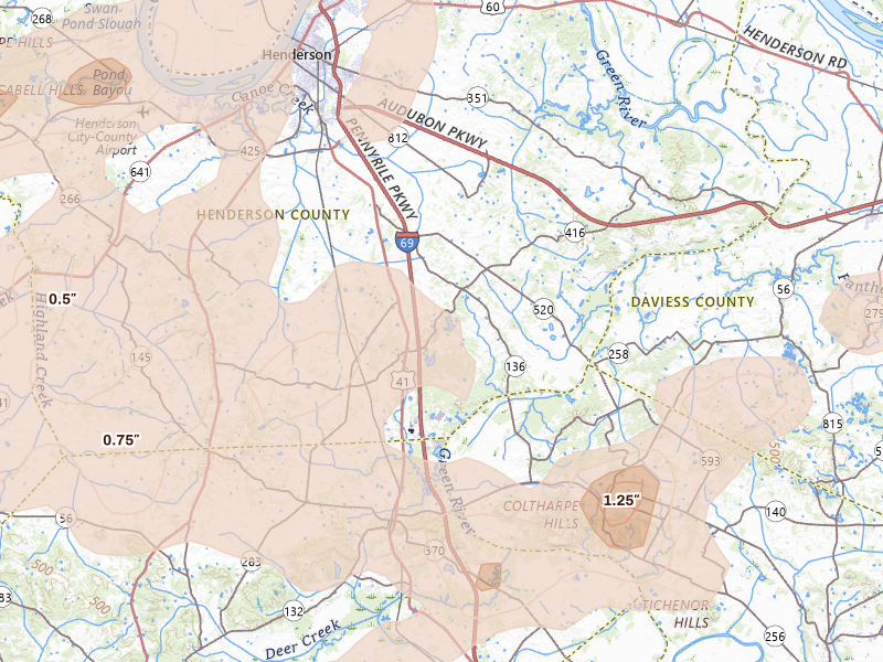 Radar-estimated hail-size map of the storm over Robards, KY on Apr 27, 2026
