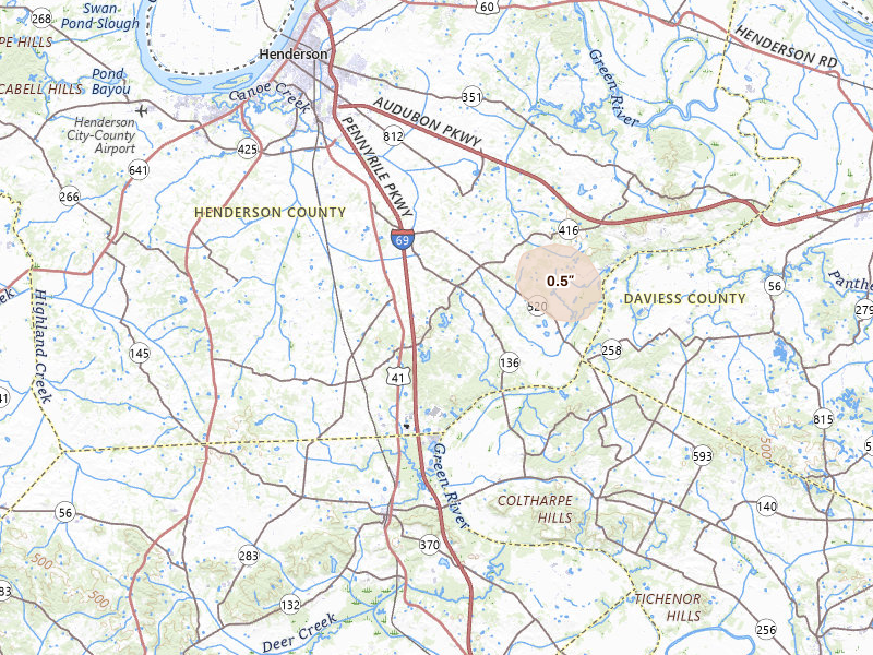 Radar-estimated hail-size map of the storm over Robards, KY on Jul 2, 2026