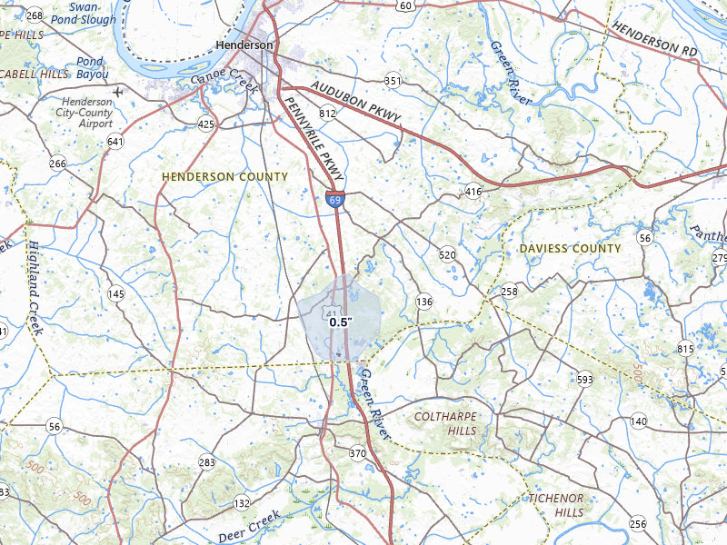NEXRAD radar-signature map of the hail storm over Robards, KY on Jul 12, 2026