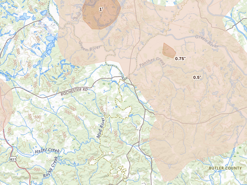 Radar-estimated hail-size map of the storm over Rochester, KY on Jul 3, 2026
