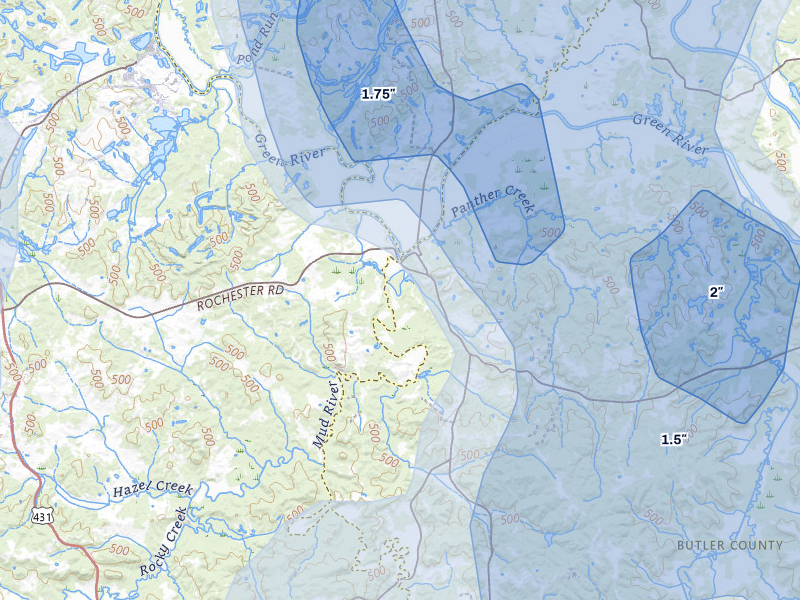 NEXRAD radar-signature map of the hail storm over Rochester, KY on Jul 3, 2026