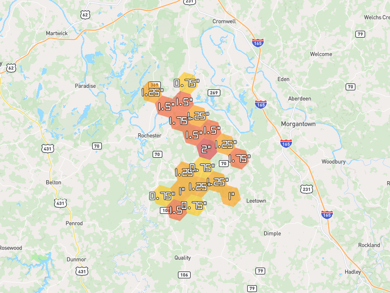 Hail map of Rochester, KY on Jul 3, 2026, hail up to 2"