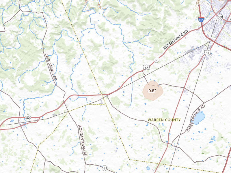 Radar-estimated hail-size map of the storm over Rockfield, KY on Apr 27, 2026