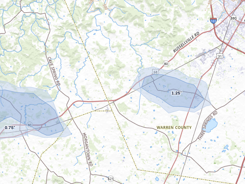 NEXRAD radar-signature map of the hail over Rockfield, KY