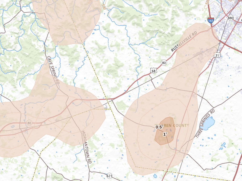 Radar-estimated hail-size map of the storm over Rockfield, KY on Jul 3, 2026