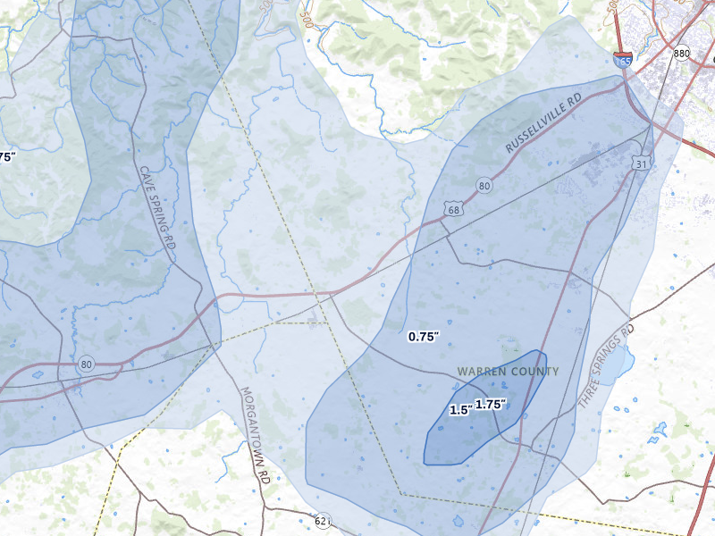 NEXRAD radar-signature map of the hail storm over Rockfield, KY on Jul 3, 2026
