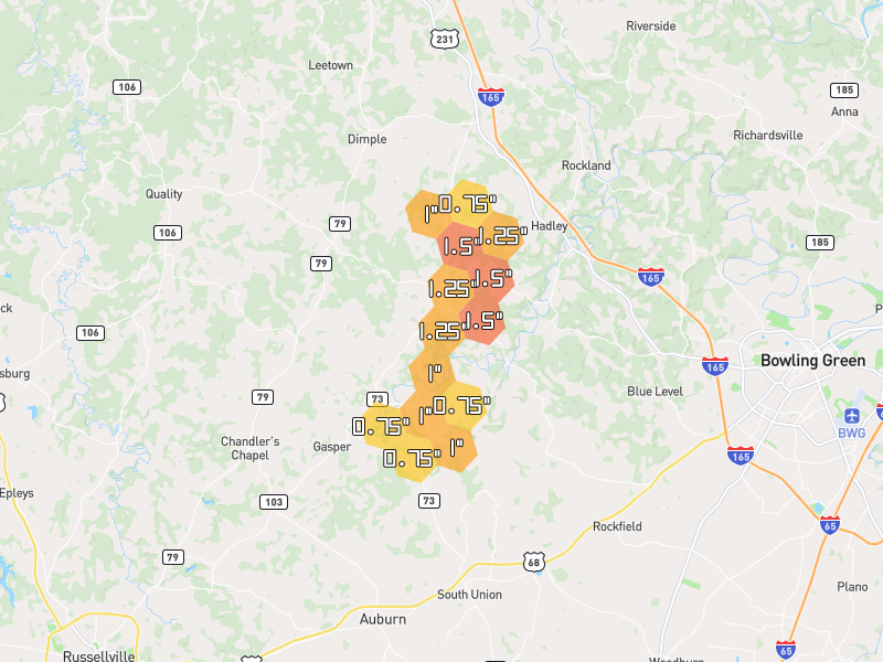 Hail map of Rockfield, KY on Jul 3, 2026, hail up to 1.5"