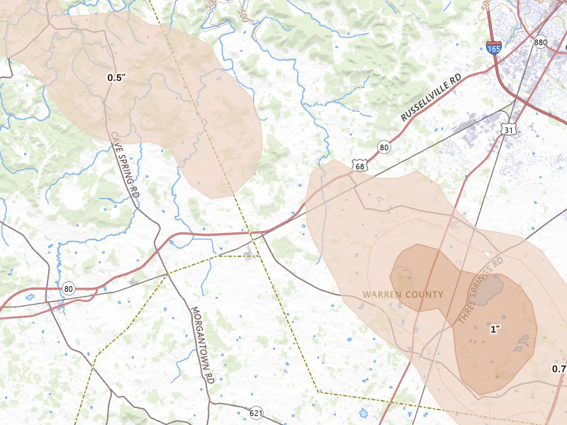 Radar-estimated hail-size map of the storm over Rockfield, KY on Jul 21, 2026
