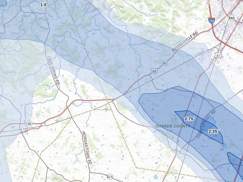 NEXRAD radar-signature map of the hail over Rockfield, KY