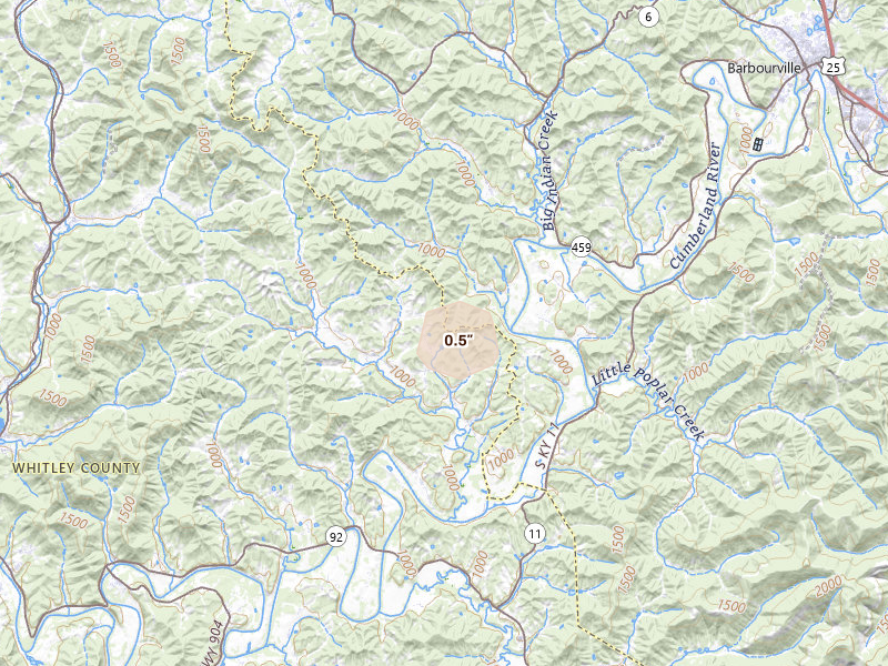 Radar-estimated hail-size map of the storm over Rockholds, KY on Sep 4, 2026