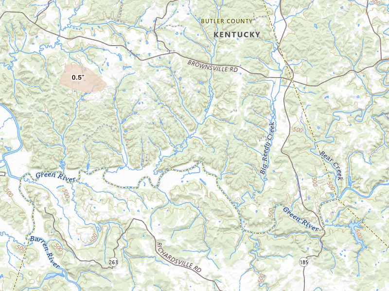 Radar-estimated hail-size map of the storm over Roundhill, KY on Jul 21, 2026