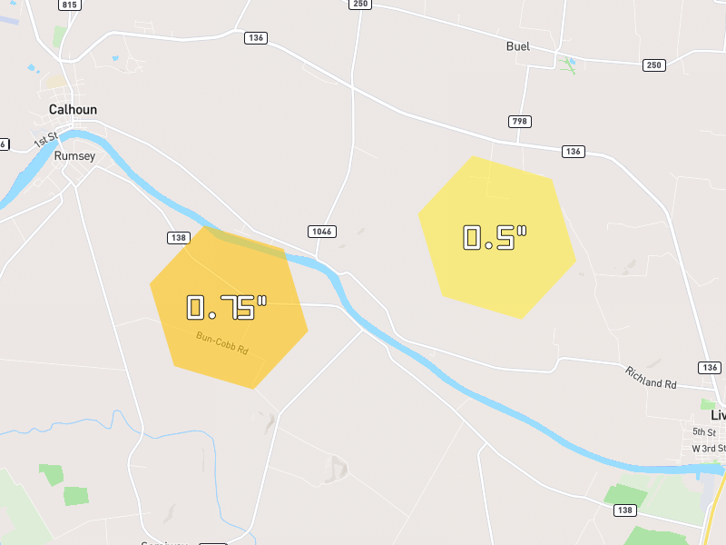 Hail map of Rumsey, KY on Jun 27, 2026, hail up to 0.75"