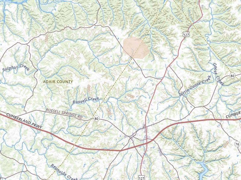 Radar-estimated hail-size map of the storm over Russell Springs, KY on Aug 11, 2026