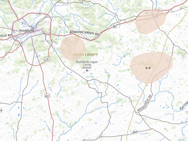 Radar-estimated hail-size map of the storm over Russellville, KY on Jun 9, 2026