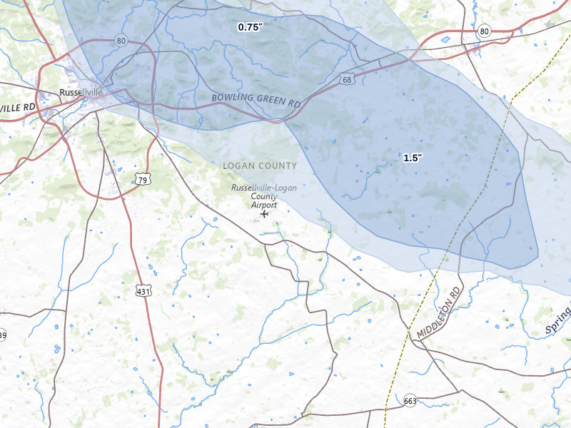 NEXRAD radar-signature map of the hail storm over Russellville, KY on Jun 9, 2026