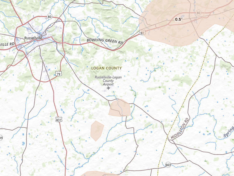 Radar-estimated hail-size map of the storm over Russellville, KY on Jul 3, 2026