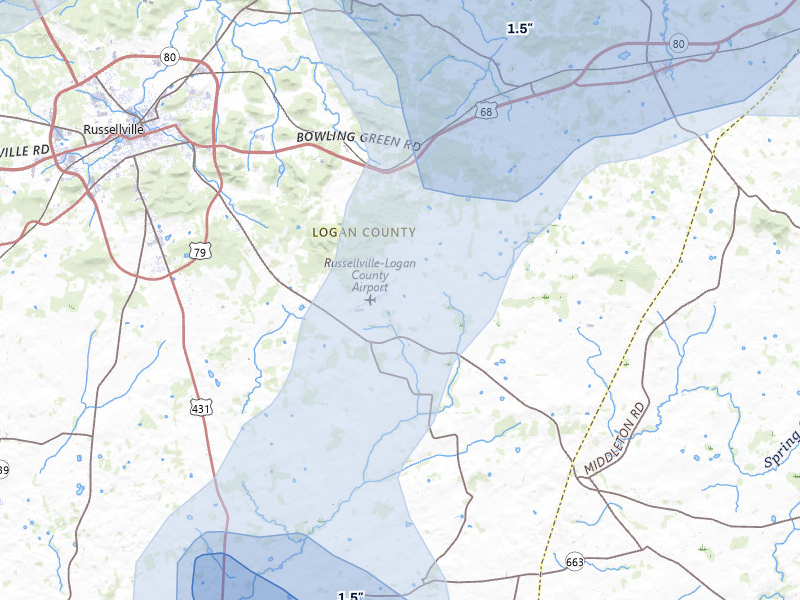 NEXRAD radar-signature map of the hail storm over Russellville, KY on Jul 3, 2026
