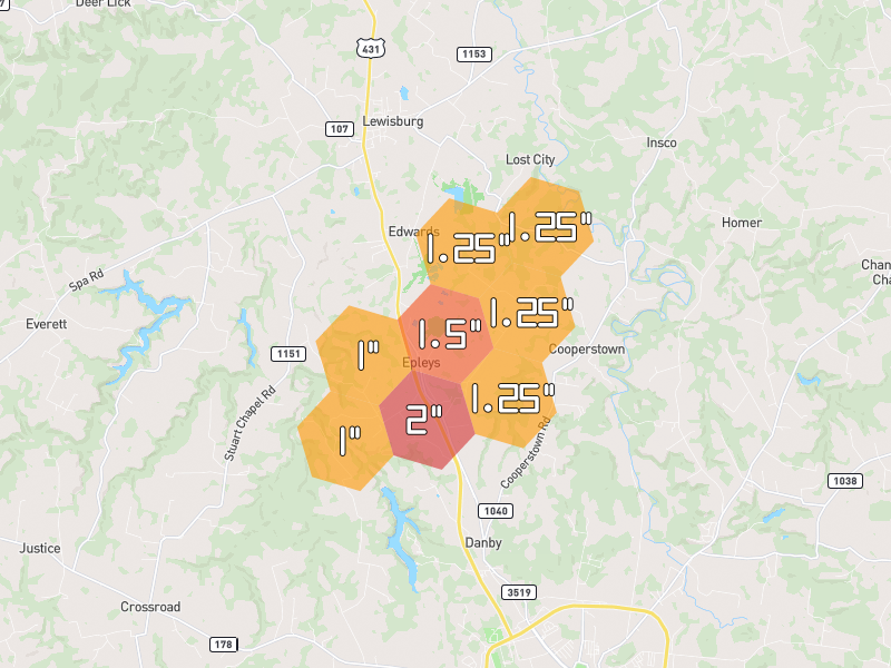 Hail map of Russellville, KY on Jul 3, 2026, hail up to 2"