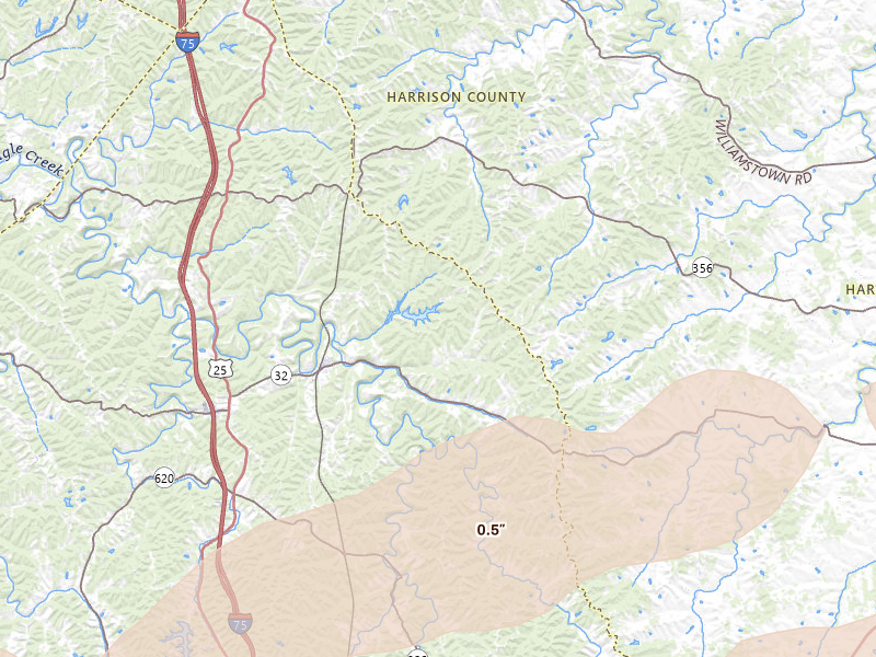 Radar-estimated hail-size map of the storm over Sadieville, KY on May 16, 2026