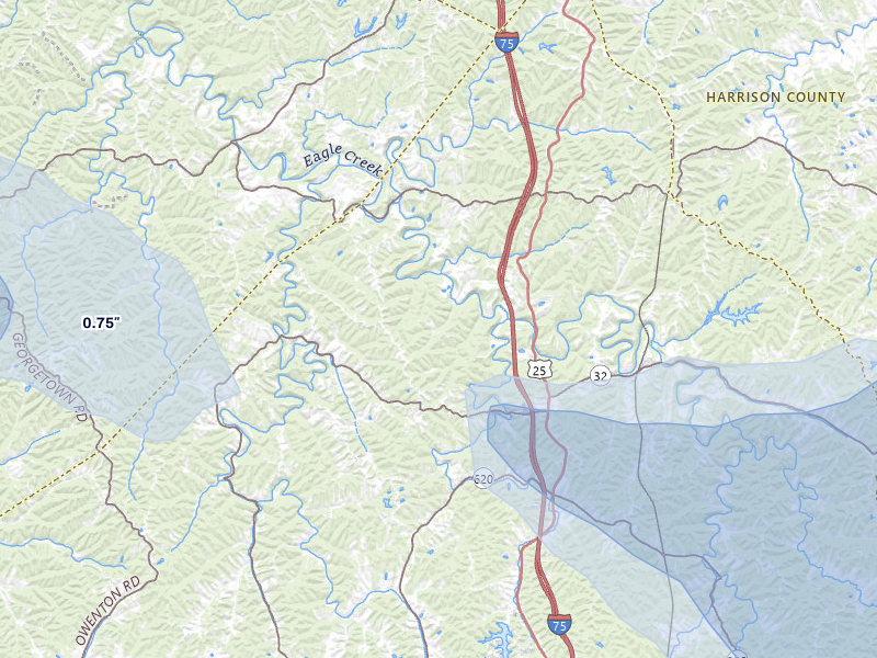 NEXRAD radar-signature map of the hail storm over Sadieville, KY on Aug 11, 2026