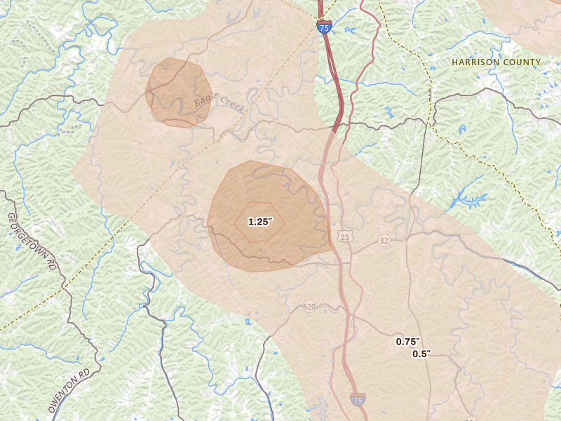 Radar-estimated hail-size map of the storm over Sadieville, KY on Aug 15, 2026