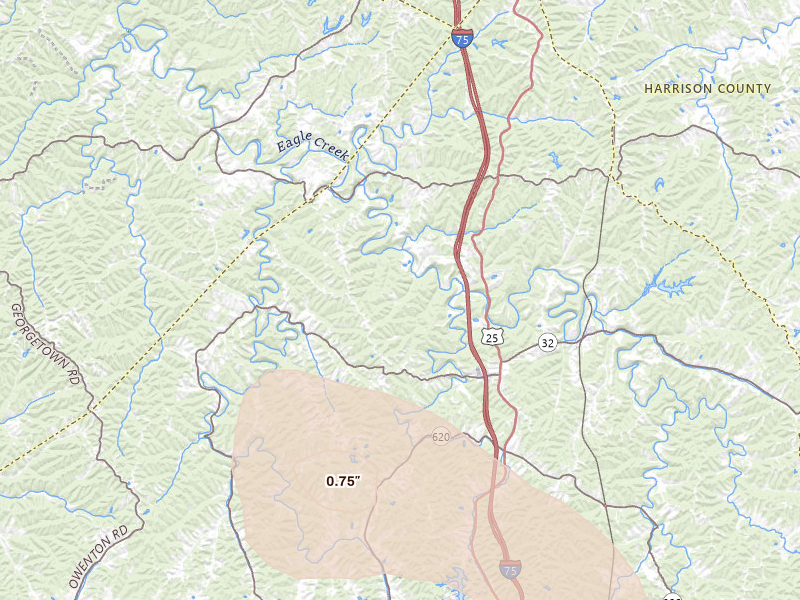 Radar-estimated hail-size map of the storm over Sadieville, KY on Aug 16, 2026