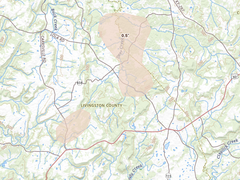 Radar-estimated hail-size map of the storm over Salem, KY on Jun 27, 2026