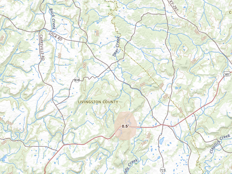 Radar-estimated hail-size map of the storm over Salem, KY on Jul 8, 2026