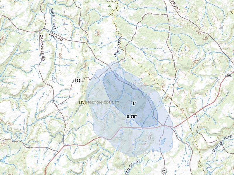 NEXRAD radar-signature map of the hail storm over Salem, KY on Jul 8, 2026