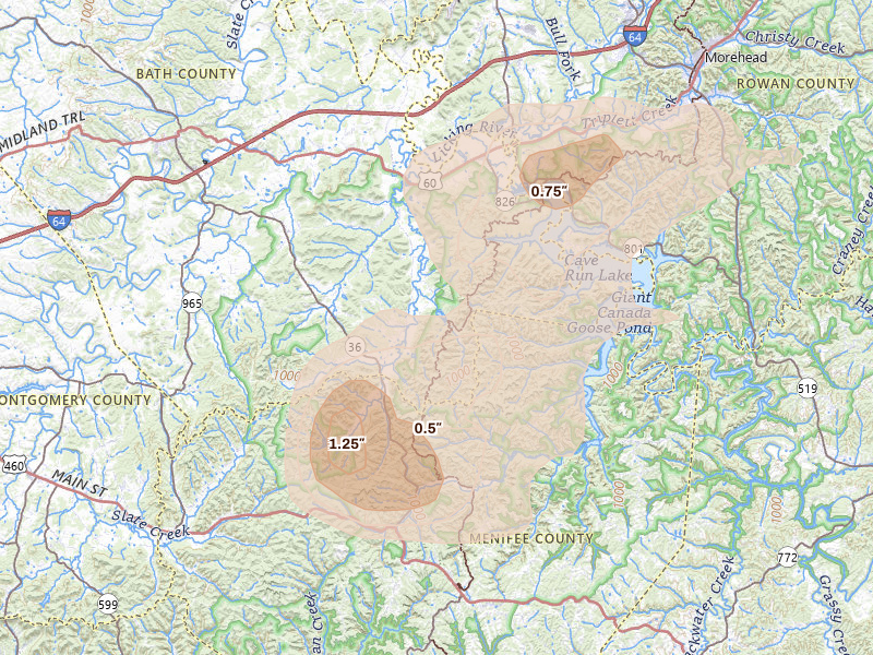 Radar-estimated hail-size map of the storm over Salt Lick, KY on Aug 11, 2026