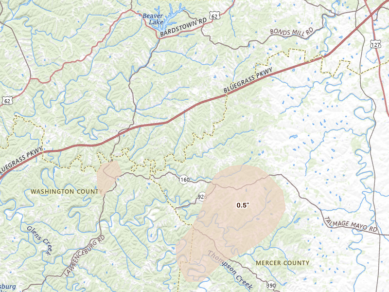 Radar-estimated hail-size map of the storm over Salvisa, KY on Jul 21, 2026