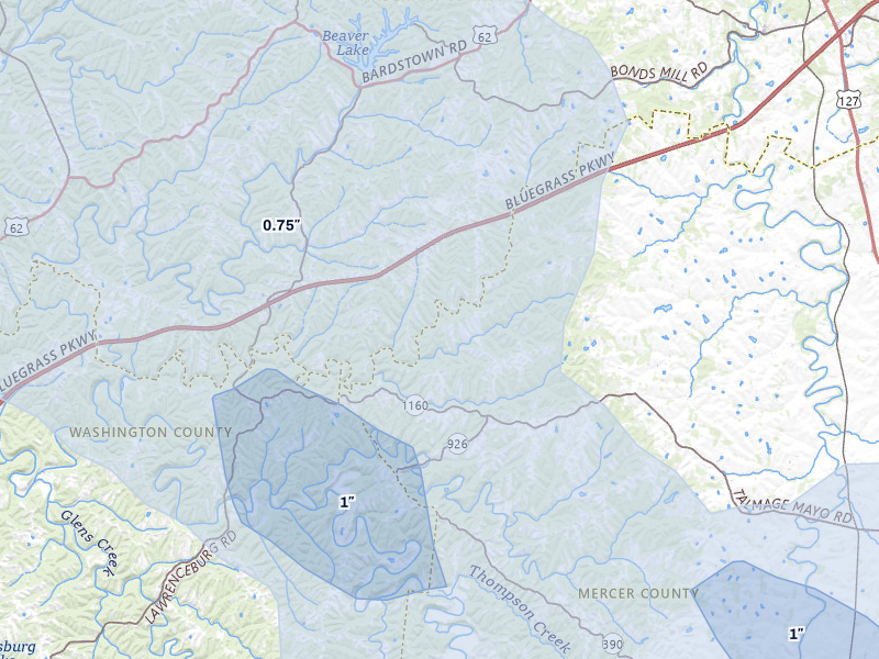 NEXRAD radar-signature map of the hail storm over Salvisa, KY on Jul 21, 2026