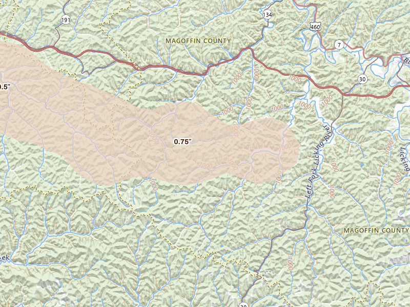 Radar-estimated hail-size map of the storm over Salyersville, KY