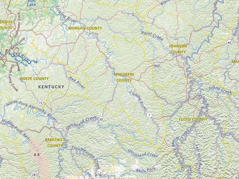 Radar-estimated hail-size map of the storm over Salyersville, KY on Jul 28, 2026