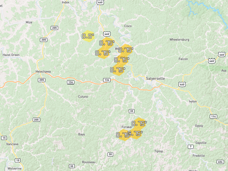 Hail map of Salyersville, KY on Jul 28, 2026, hail up to 0.75"