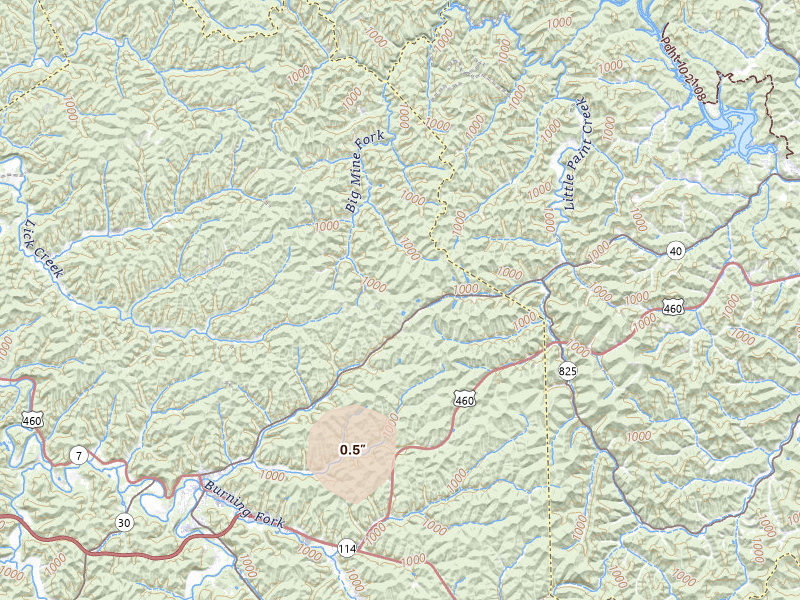 Radar-estimated hail-size map of the storm over Salyersville, KY on Aug 5, 2026