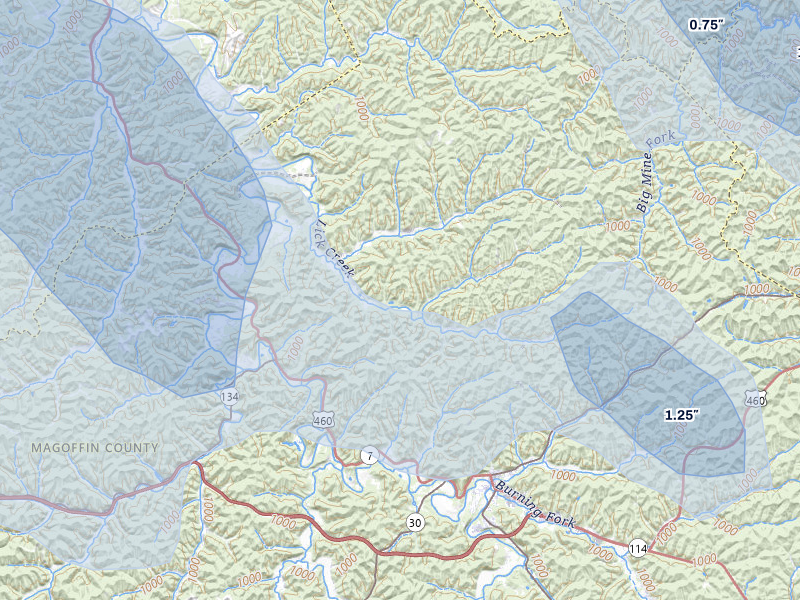 NEXRAD radar-signature map of the hail storm over Salyersville, KY on Aug 11, 2026