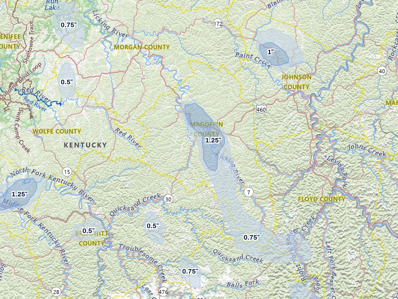 NEXRAD radar-signature map of the hail storm over Salyersville, KY on Aug 13, 2026