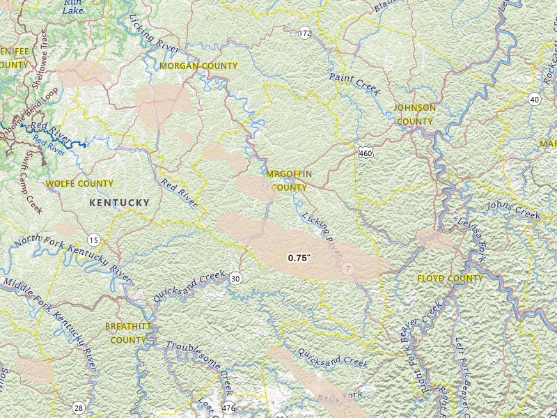Radar-estimated hail-size map of the storm over Salyersville, KY on Aug 22, 2026